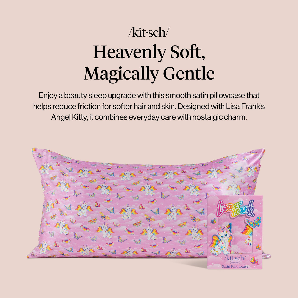 Kitsch Lisa Frank satin pillowcase close-up shows smooth texture