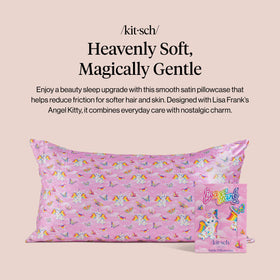 Kitsch Lisa Frank satin pillowcase close-up shows smooth texture