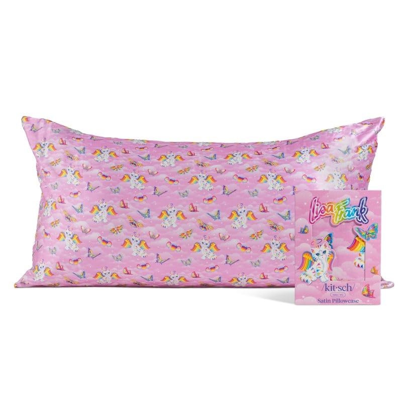 Kitsch satin pillowcase with zipper, Angel Kitty front view, secure fit for pillows