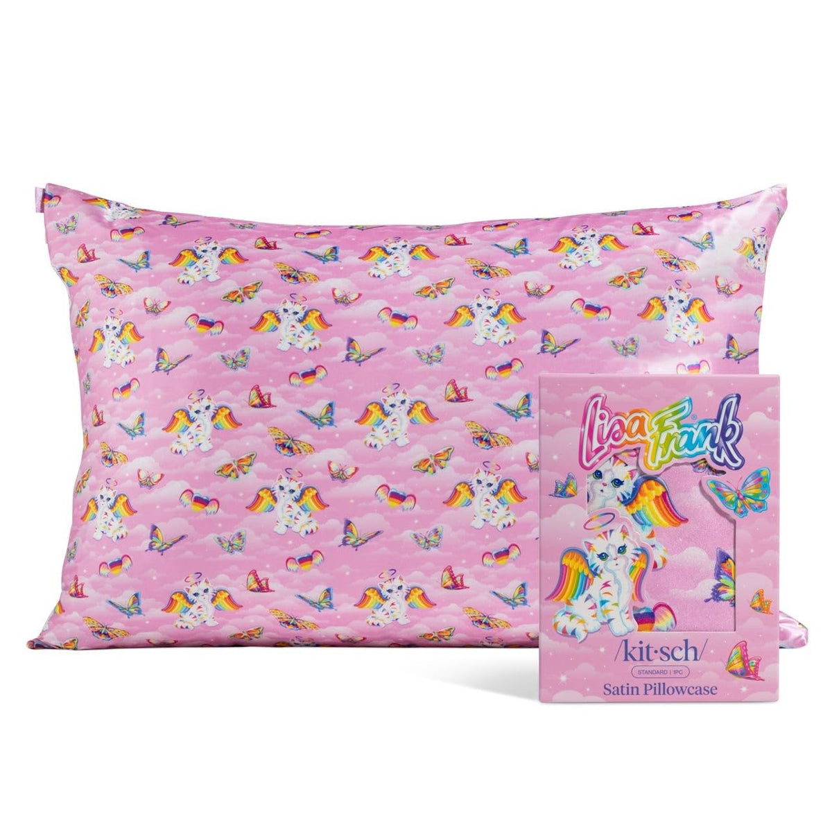 Kitsch Lisa Frank satin pillowcase with zipper close-up, secure fit and premium texture.