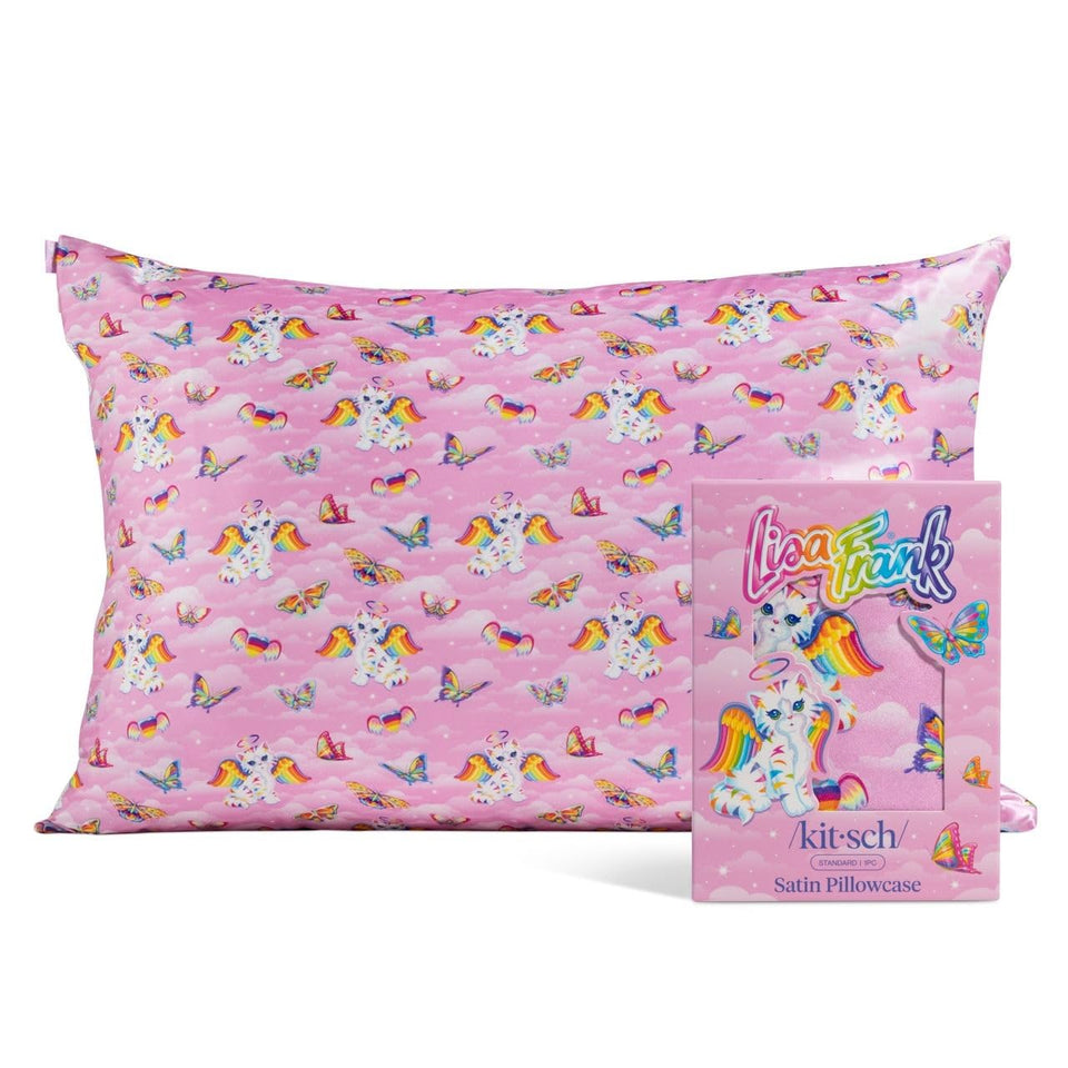 Kitsch Lisa Frank satin pillowcase with zipper close-up, secure fit and premium texture.