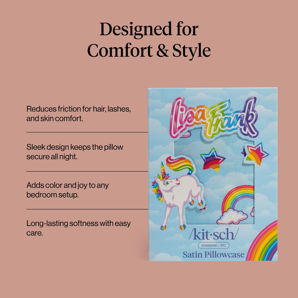 Kitsch Lisa Frank satin pillowcase cool breathable fabric in use