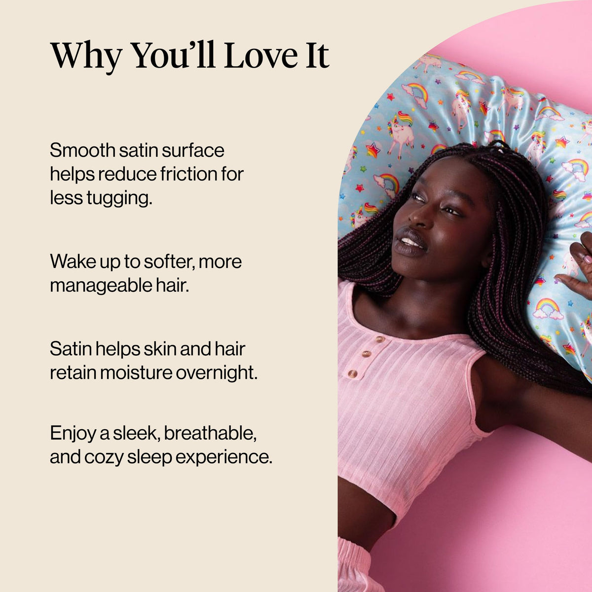 Hair-safe satin pillowcase from Kitsch reduces frizz and tangles.