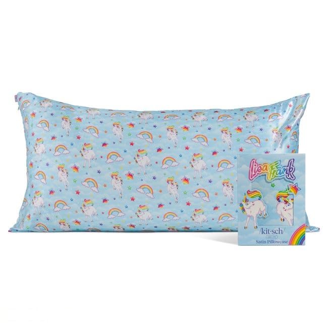 Kitsch Lisa Frank satin pillowcase with zipper keeps king pillow secure overnight.