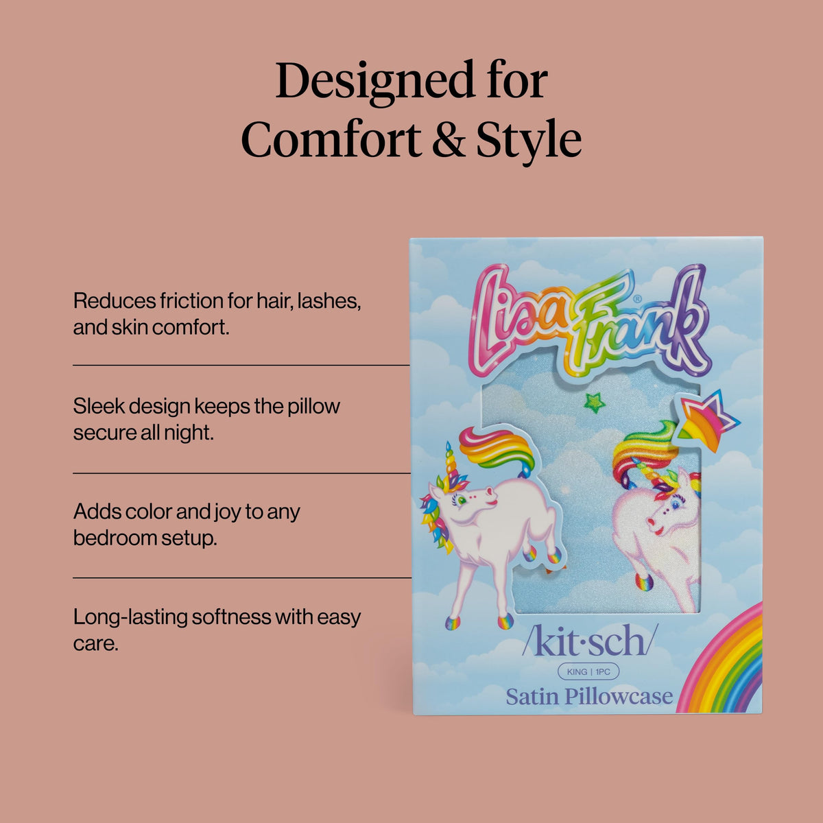 Zippered satin pillowcase by Kitsch keeps pillow in place.