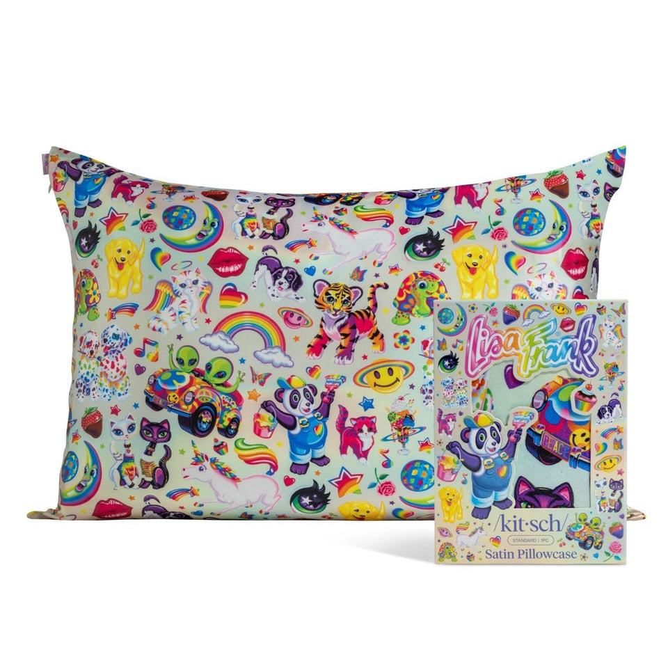 Kitsch Lisa Frank satin pillowcase with zipper for secure sleep and hair protection.