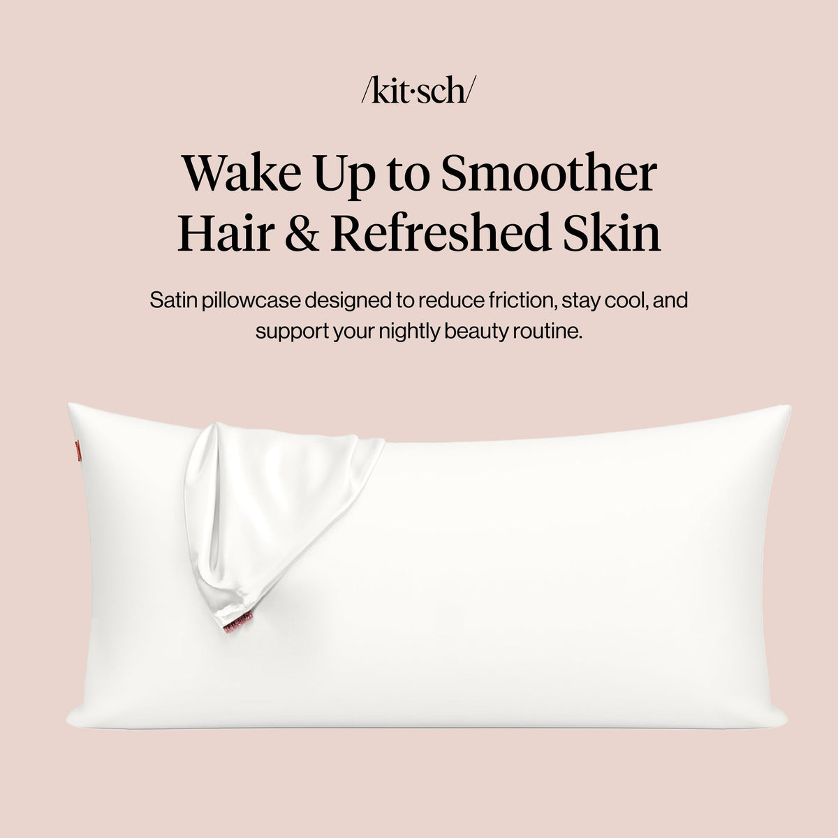 Kitsch satin pillowcase closeup shows smooth satin weave, gentle on hair and skin.