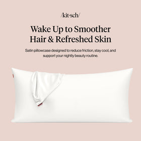 Kitsch satin pillowcase closeup shows smooth satin weave, gentle on hair and skin.