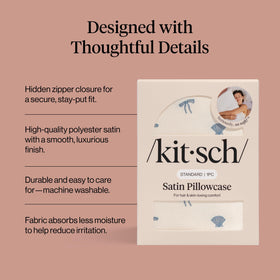 Kitsch satin pillowcase in pearlized cream prevents sleep lines for refreshed morning skin.