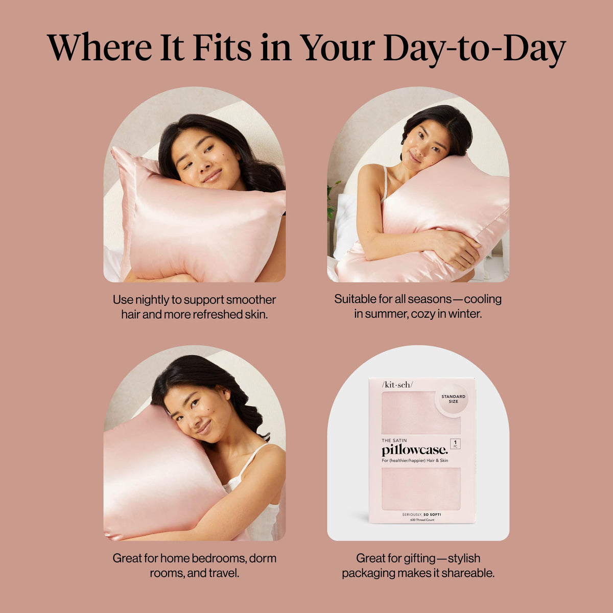 Kitsch satin pillowcase supports hair and skin care during sleep.