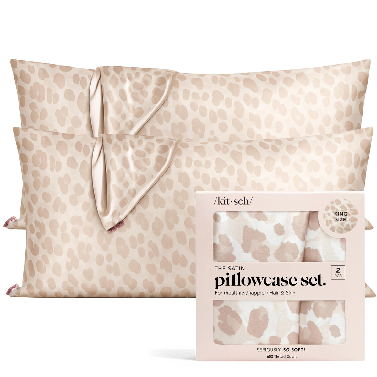 Kitsch satin leopard pillowcase with zipper for secure king-size fit and luxury feel.