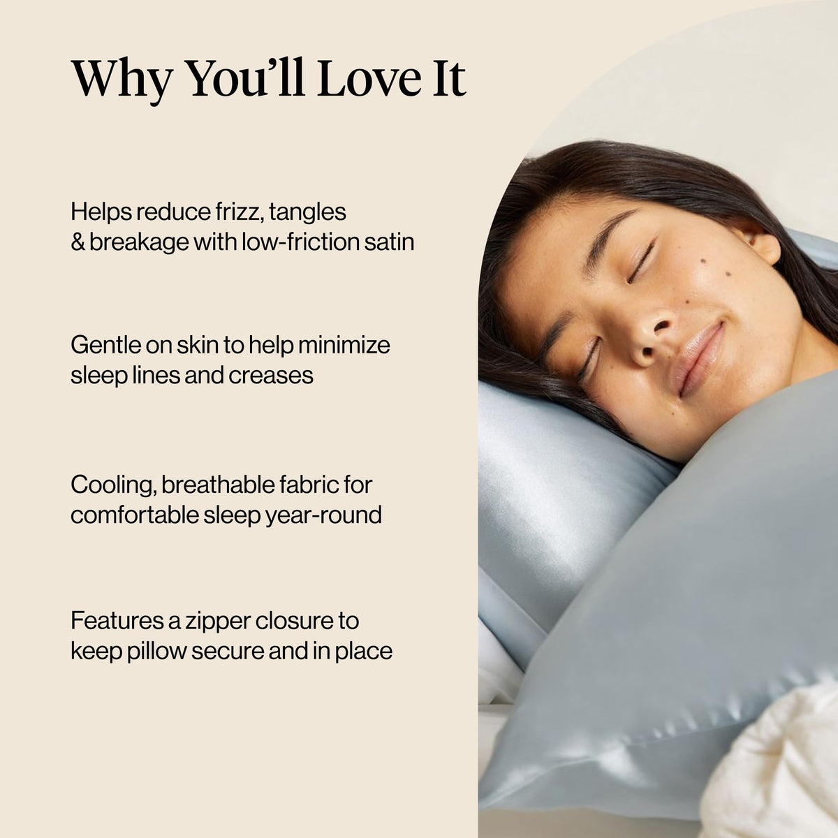 Kitsch satin pillowcase skin-friendly material illustrating gentle touch for sensitive skin.