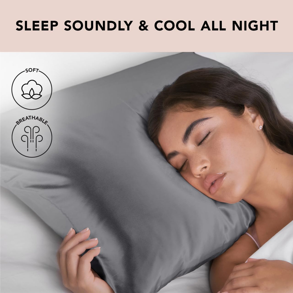 Kitsch satin pillowcase with zipper secures fit for night-long calm.
