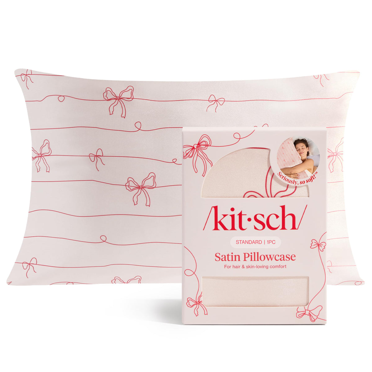 Kitsch satin pillowcase with striped bows zipper provides secure fit and stylish detail.