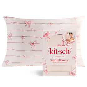 Kitsch satin pillowcase with striped bows zipper provides secure fit and stylish detail.