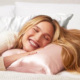 Kitsch satin pillowcase offers ultra-soft feel and silky sheen.