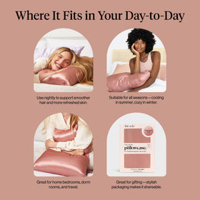 Kitsch satin pillowcase care label highlights machine washable convenience.
