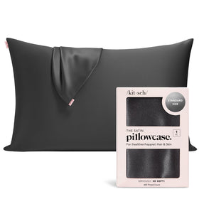Kitsch satin pillowcase with zipper in charcoal, 19x26, secure fit.