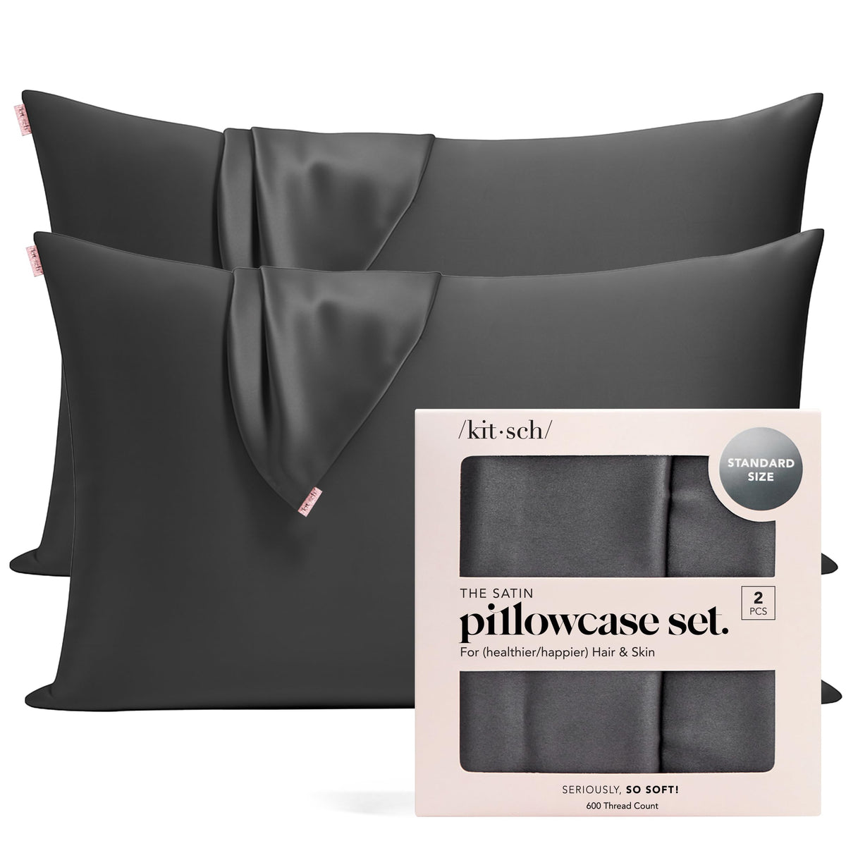 Kitsch satin pillowcase with zipper in charcoal for secure fit on 19x26 pillows