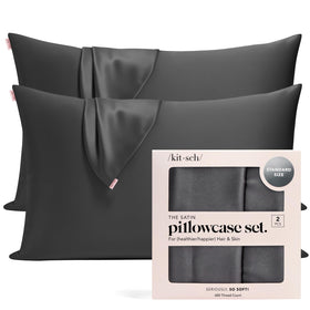 Kitsch satin pillowcase with zipper in charcoal for secure fit on 19x26 pillows