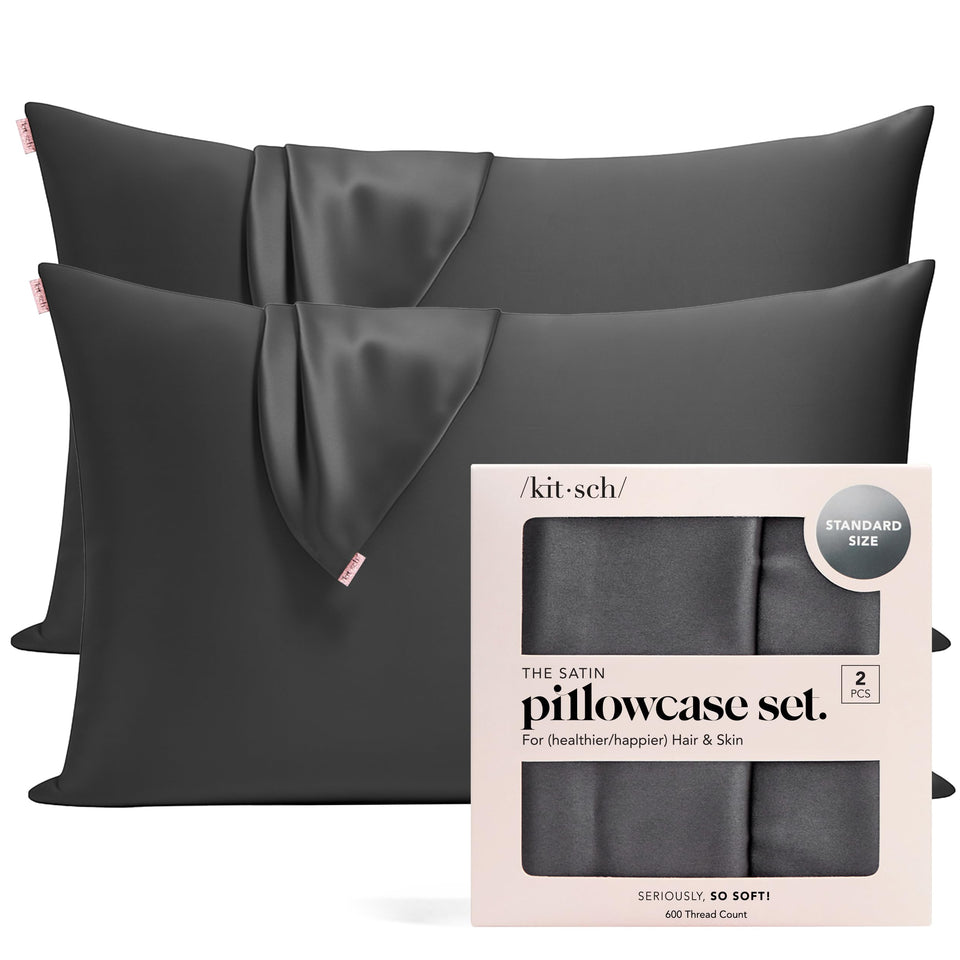 Kitsch satin pillowcase with zipper in charcoal for secure fit on 19x26 pillows