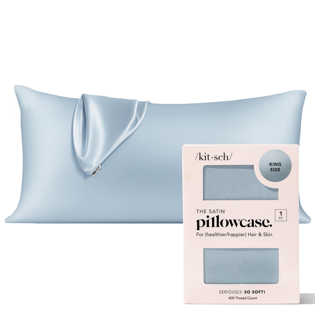 Kitsch satin pillowcase with zipper close-up showing secure fit for restful sleep.