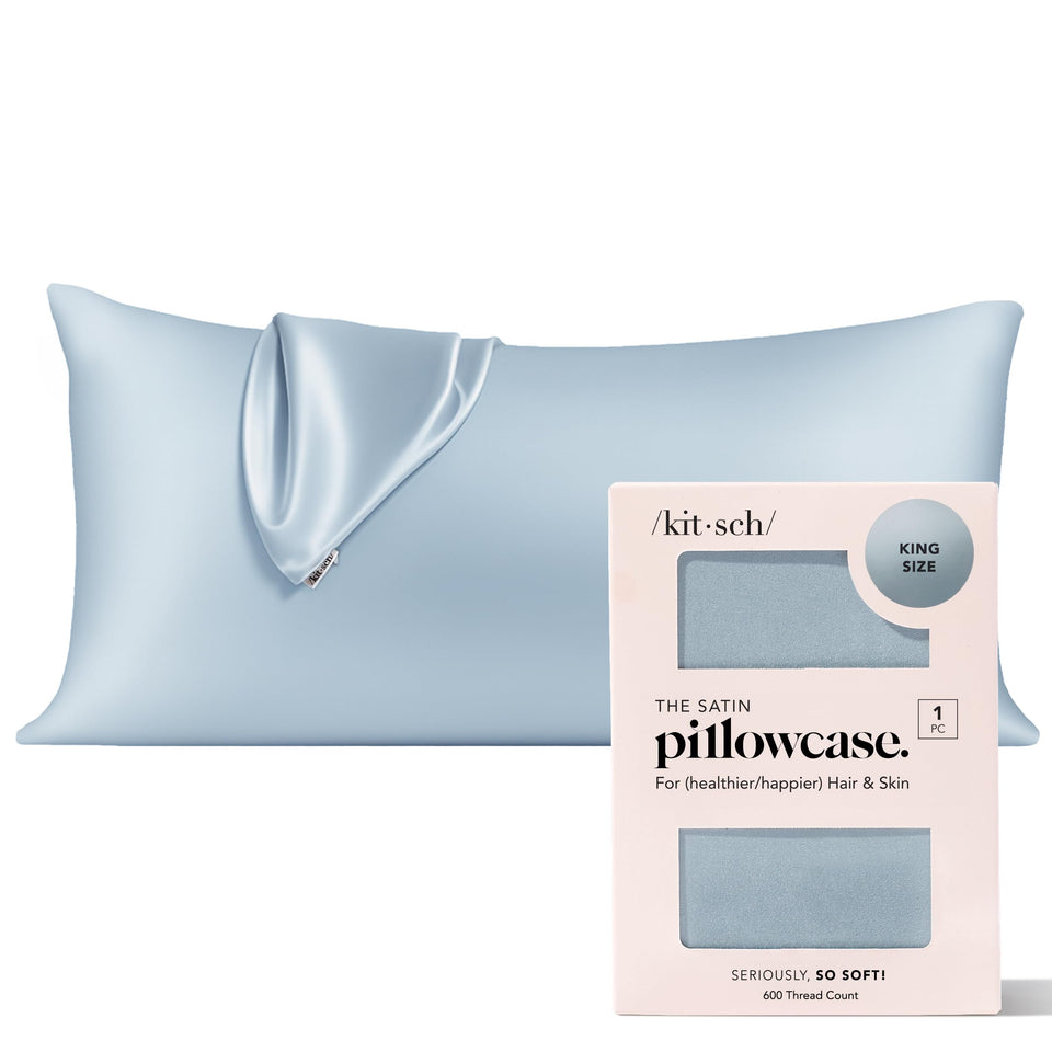 Kitsch satin pillowcase with zipper close-up showing secure fit for restful sleep.