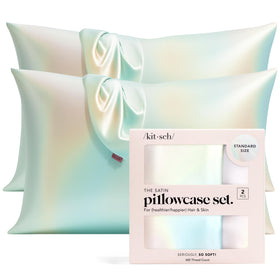 Kitsch Aura satin pillowcase with zipper close-up shows smooth texture and frizz reduction