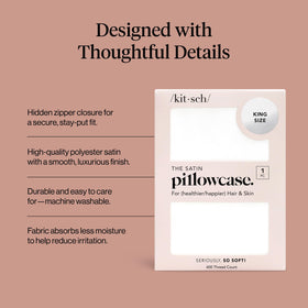 Kitsch satin pillowcase zipper detail highlights secure-fit design for overnight stability.