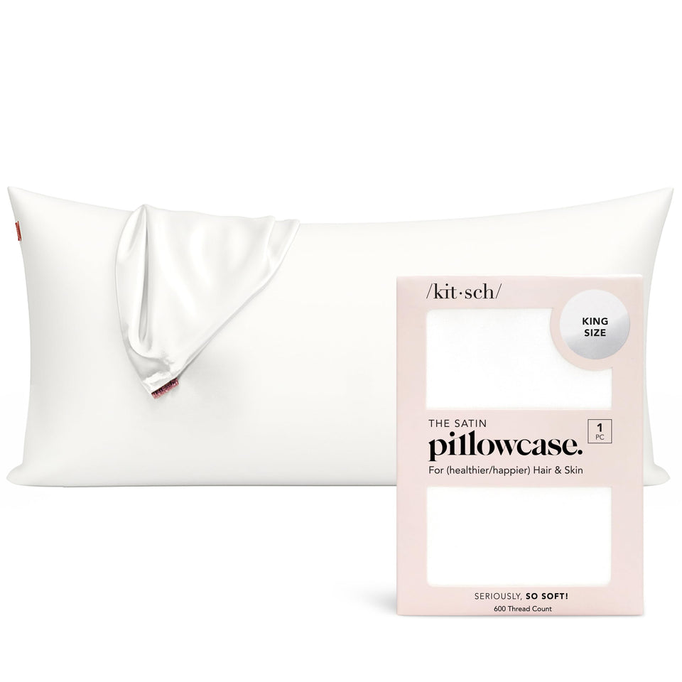 Kitsch satin pillowcase with zipper in ivory provides a secure overnight fit, reducing pillow shift.