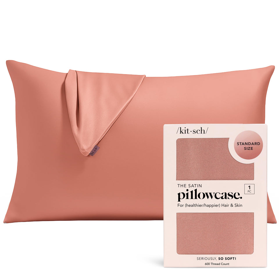 Kitsch satin pillowcase terracotta with zipper offers secure night-time fit.