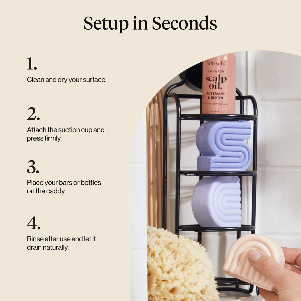 Kitsch compact-size shower caddy ideal for small bathrooms or apartments.