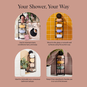 Kitsch free-standing shower caddy with sturdy legs fits small bathrooms.