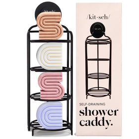 Kitsch shower caddy hanging with suction cup keeps shower essentials dry and organized.