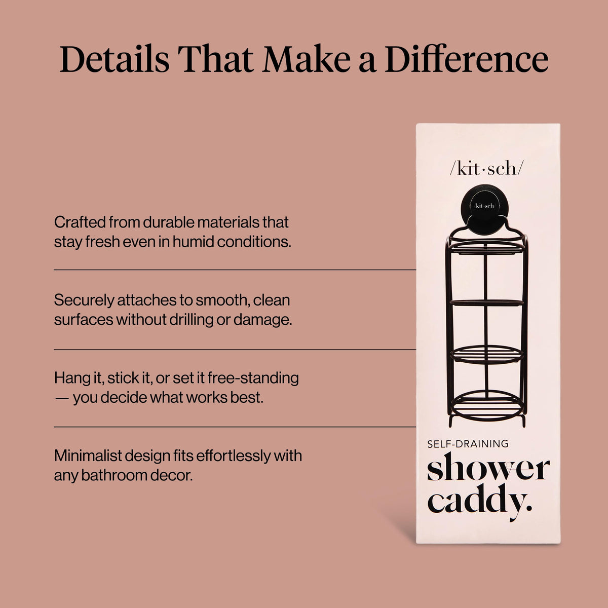 Kitsch wall-mounted shower shelf secures storage on smooth tiles.