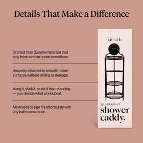 Kitsch wall-mounted shower shelf secures storage on smooth tiles.
