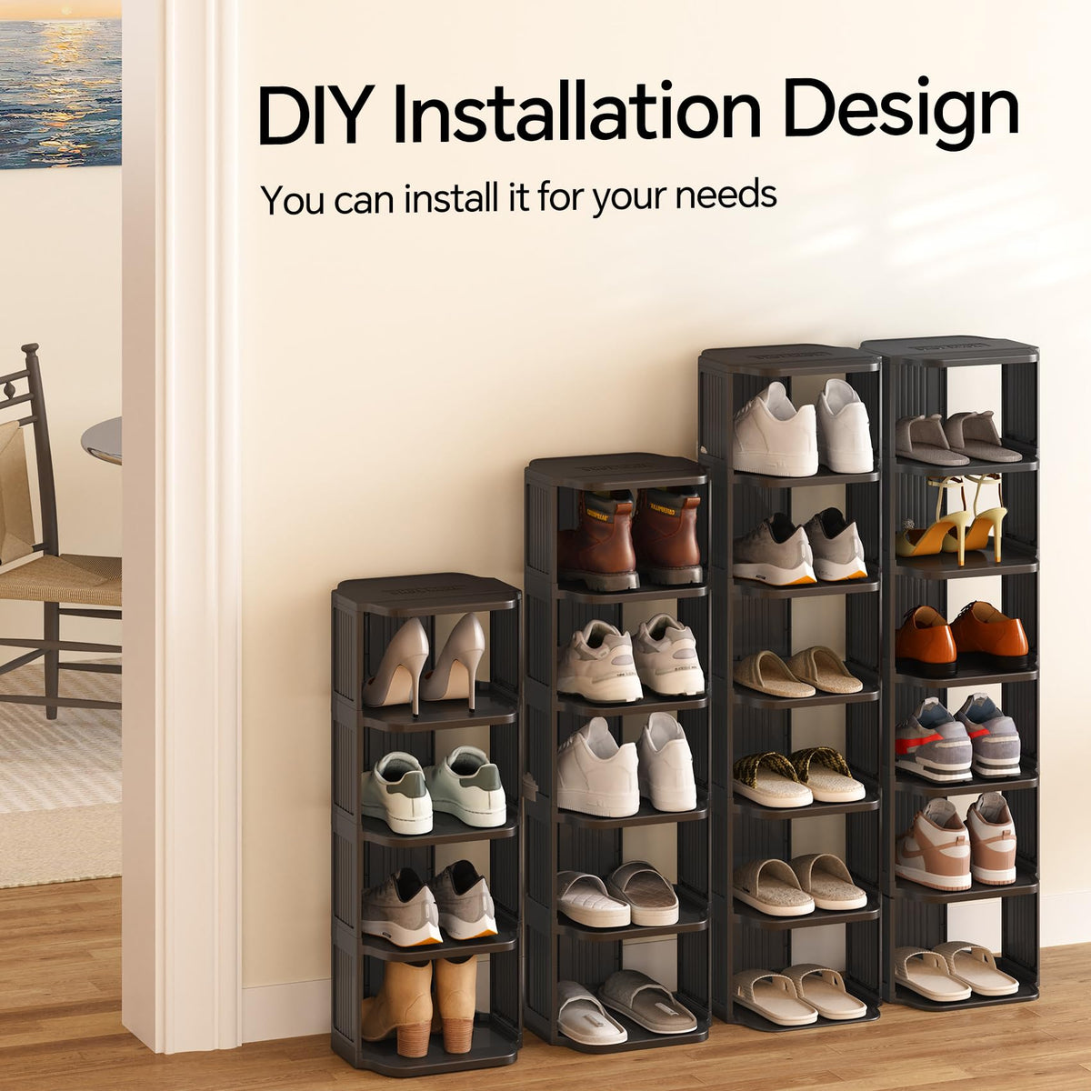 Horizontal configuration of Kitstorack holds eight pairs of shoes