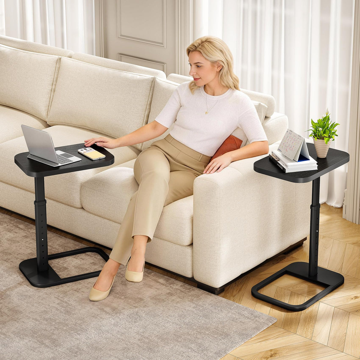 Kitstorack c-shaped end table under sofa, space-saving design for snacks and laptops.