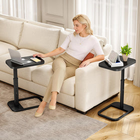 Kitstorack c-shaped end table under sofa, space-saving design for snacks and laptops.
