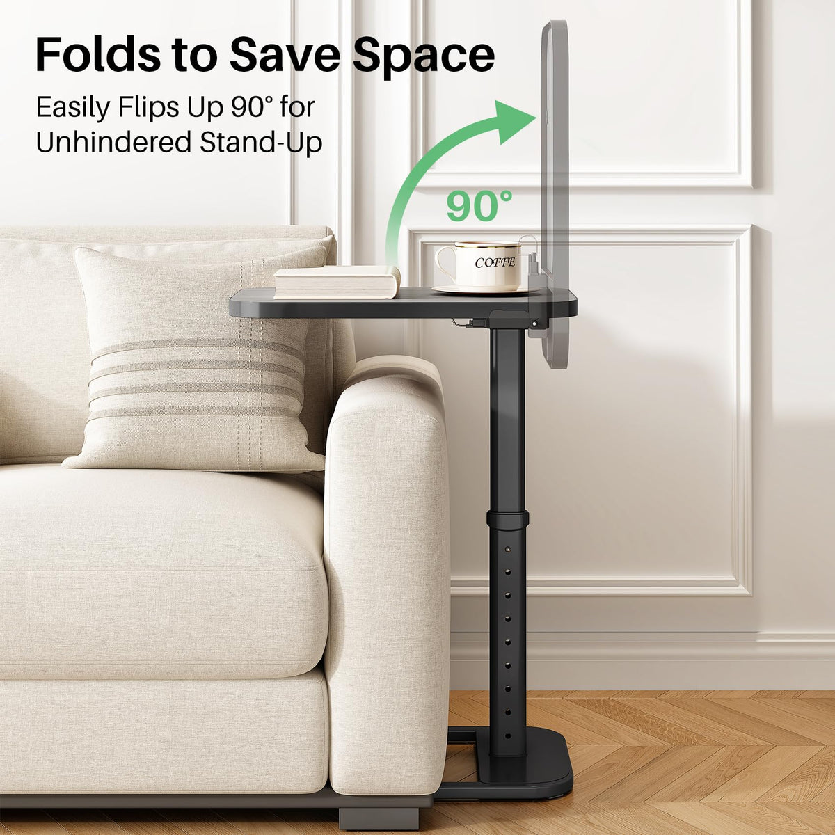 Kitstorack edge-fit couch table beside sofa for quick reach.