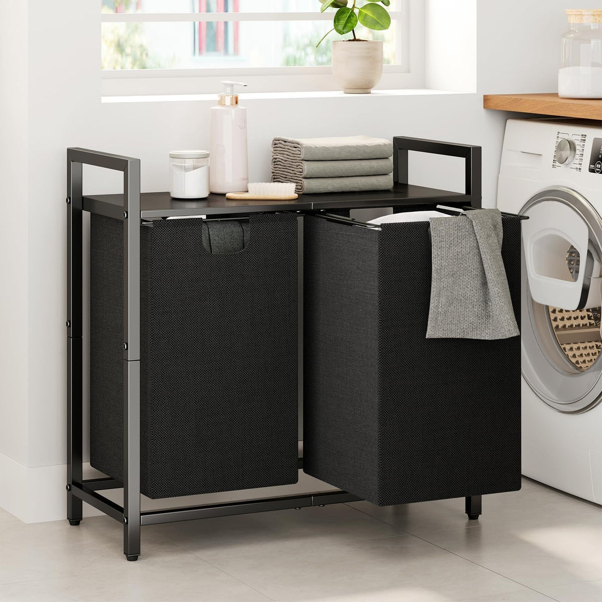 Kitstorack laundry basket organizer with shelf for tidy bathroom storage
