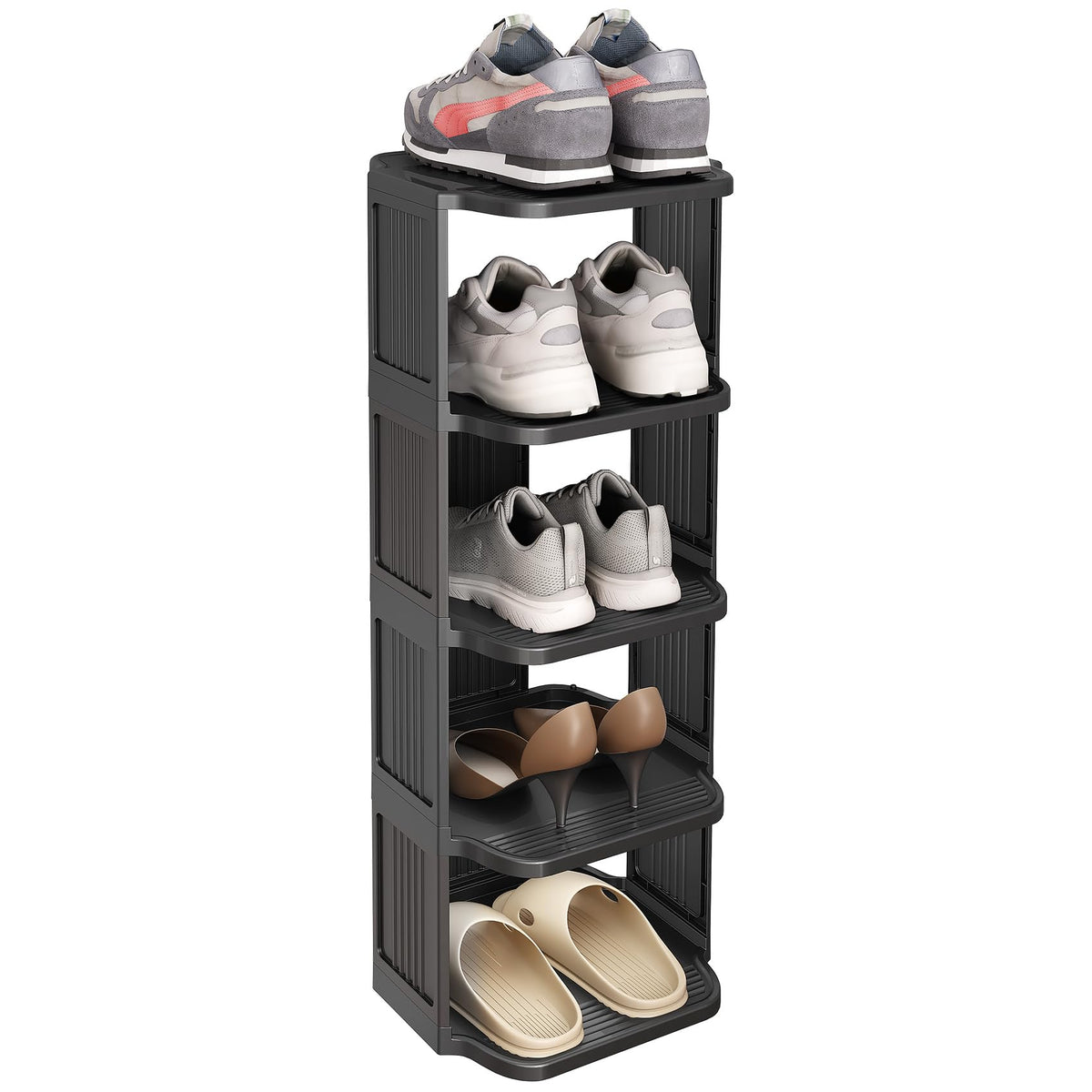 Kitstorack five-tier shoe rack during assembly showing modular setup.
