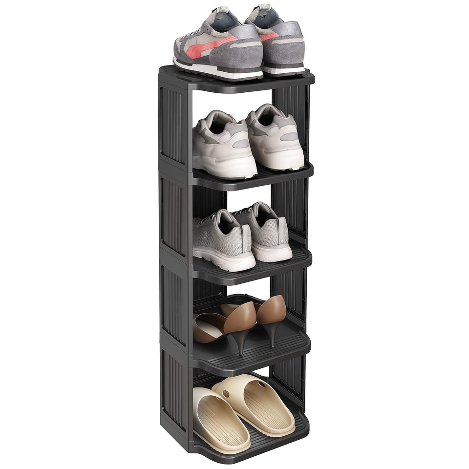 Kitstorack five-tier shoe rack during assembly showing modular setup.
