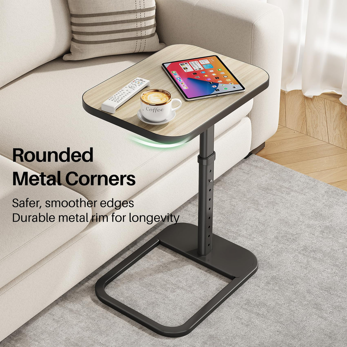 Kitstorack space-saving edge-fit keeps snacks within reach beside the sofa