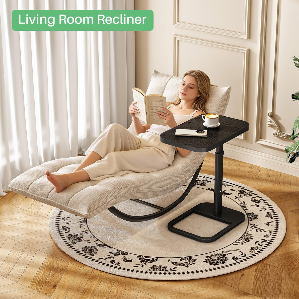 Kitstorack space-saving side table slides under sofa for easy access.