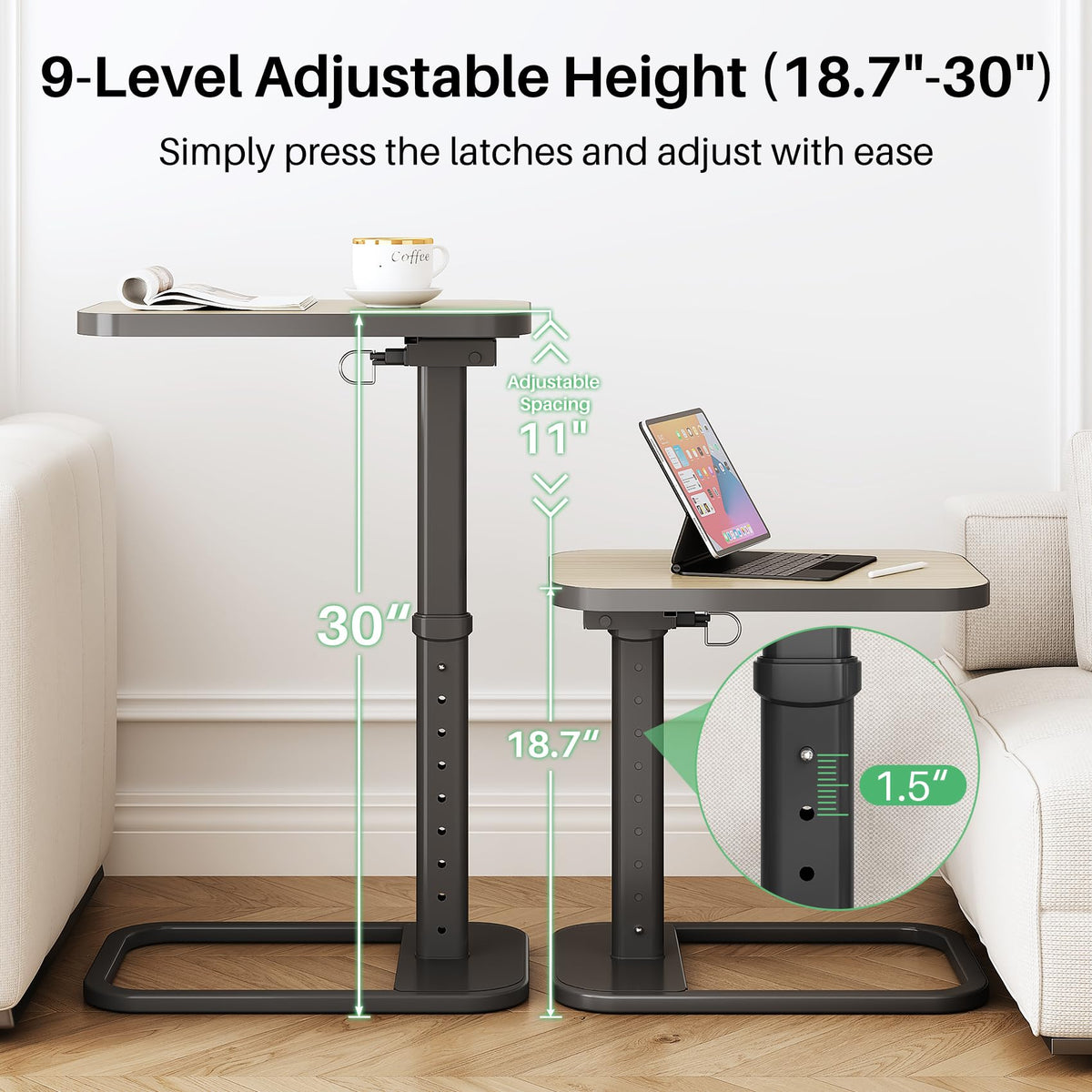 Kitstorack TV tray height adjustment shows nine levels for comfortable dining and work