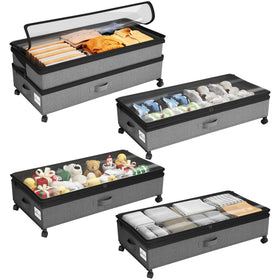 Kitstorack under-bed storage with wheels and dimensions for extra clothing.