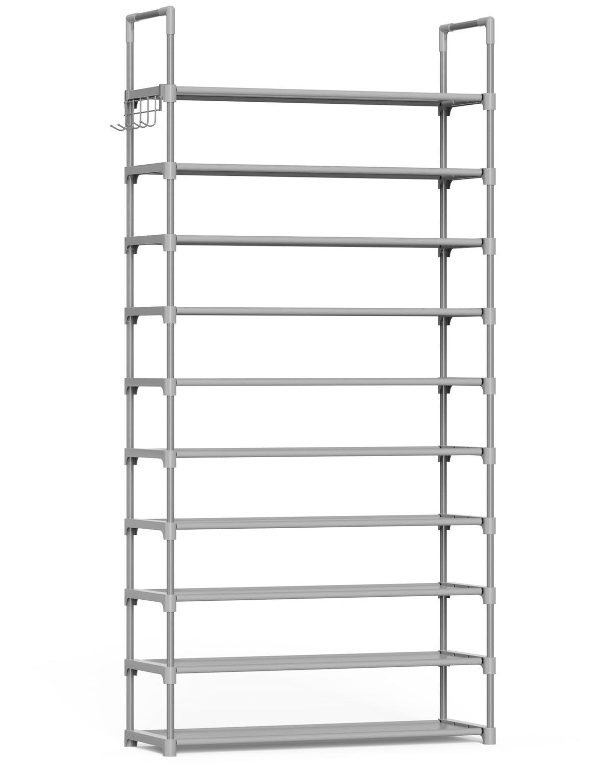 Kitsure 10-tier shoe rack in gray, front view, maximizing closet storage for organized footwear