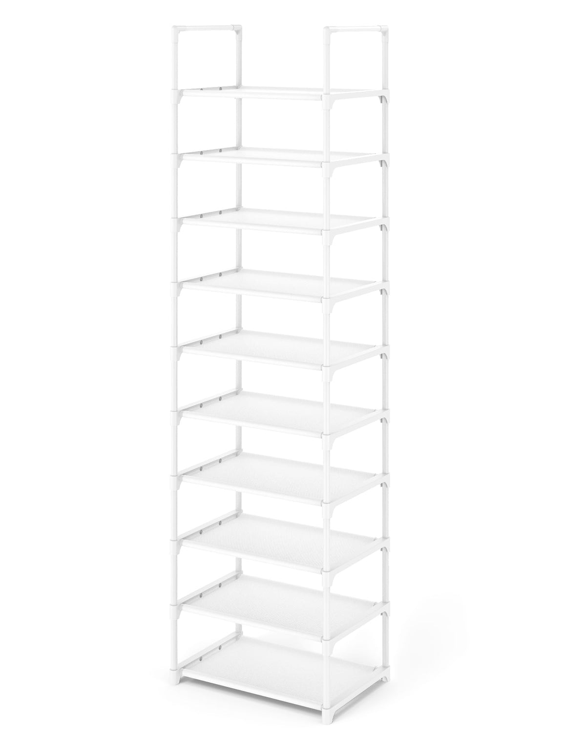 Kitsure 10-tier shoe rack with detachable shelves and metal frame for flexible storage.