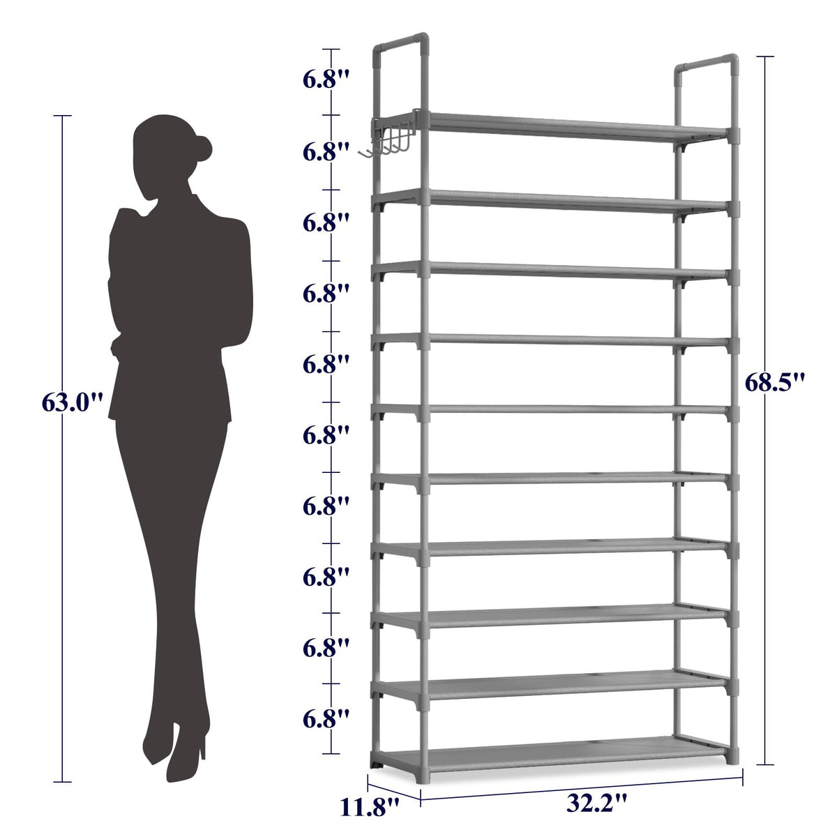 Kitsure shoe rack with hook rack in gray, side view showing convenient space for bags and keys